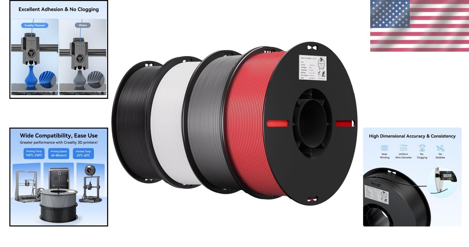 High Quality PLA 3D Printer Filament Bundle 1.75mm – 4 Pack