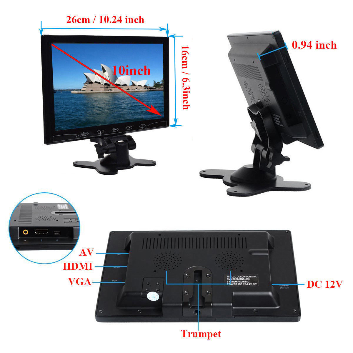 Portable Monitor 10 inch LCD Display Screen with AV VGA HDMI Input for DSLR PC