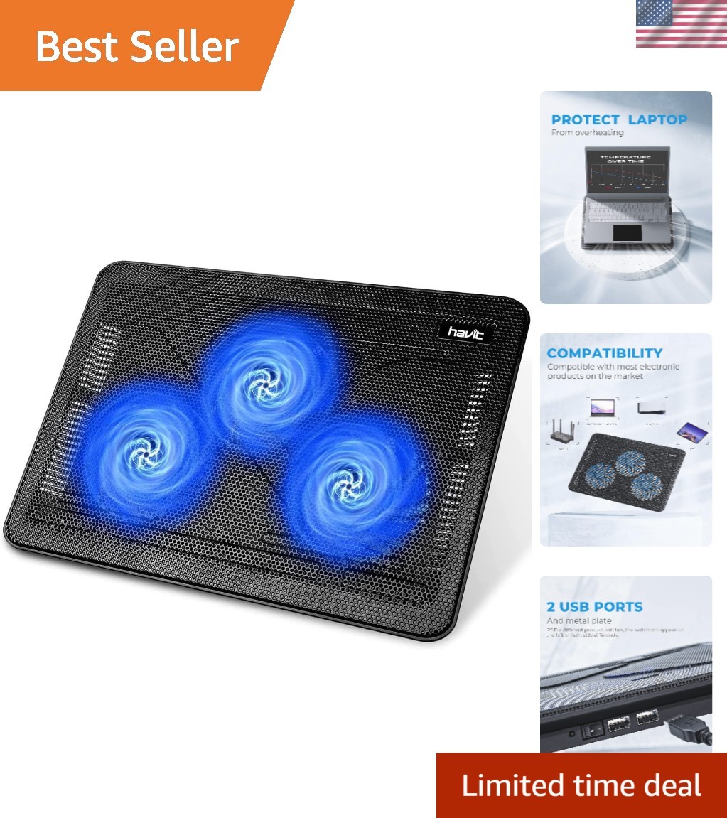 Sleek Black and Blue Laptop Cooling Pad – 15.6”-17” Compatible with Three Fans
