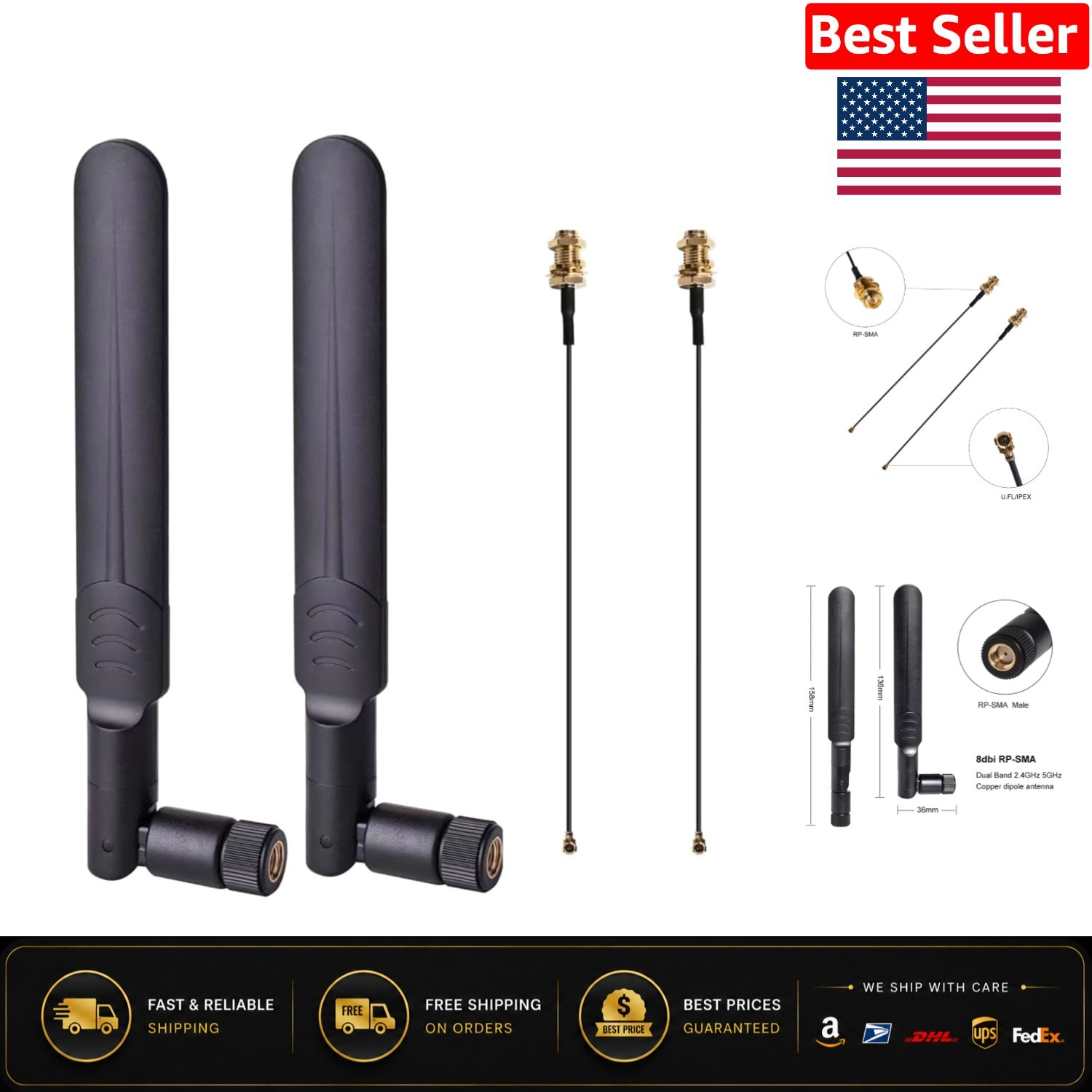 Dual Band 8dBi WiFi Antennas with Signal Cables for Gaming and Streaming