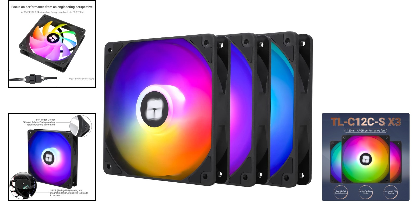 3x TL-C12C-S X3 120mm ARGB Case Fans – 1550RPM High Airflow, Quiet Performance