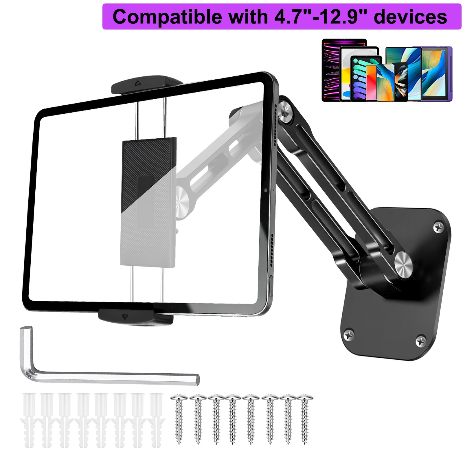4.7-12.9″Tablet Phone Wall Mount Holder Extendable 360°Rotating for iPad Samsung