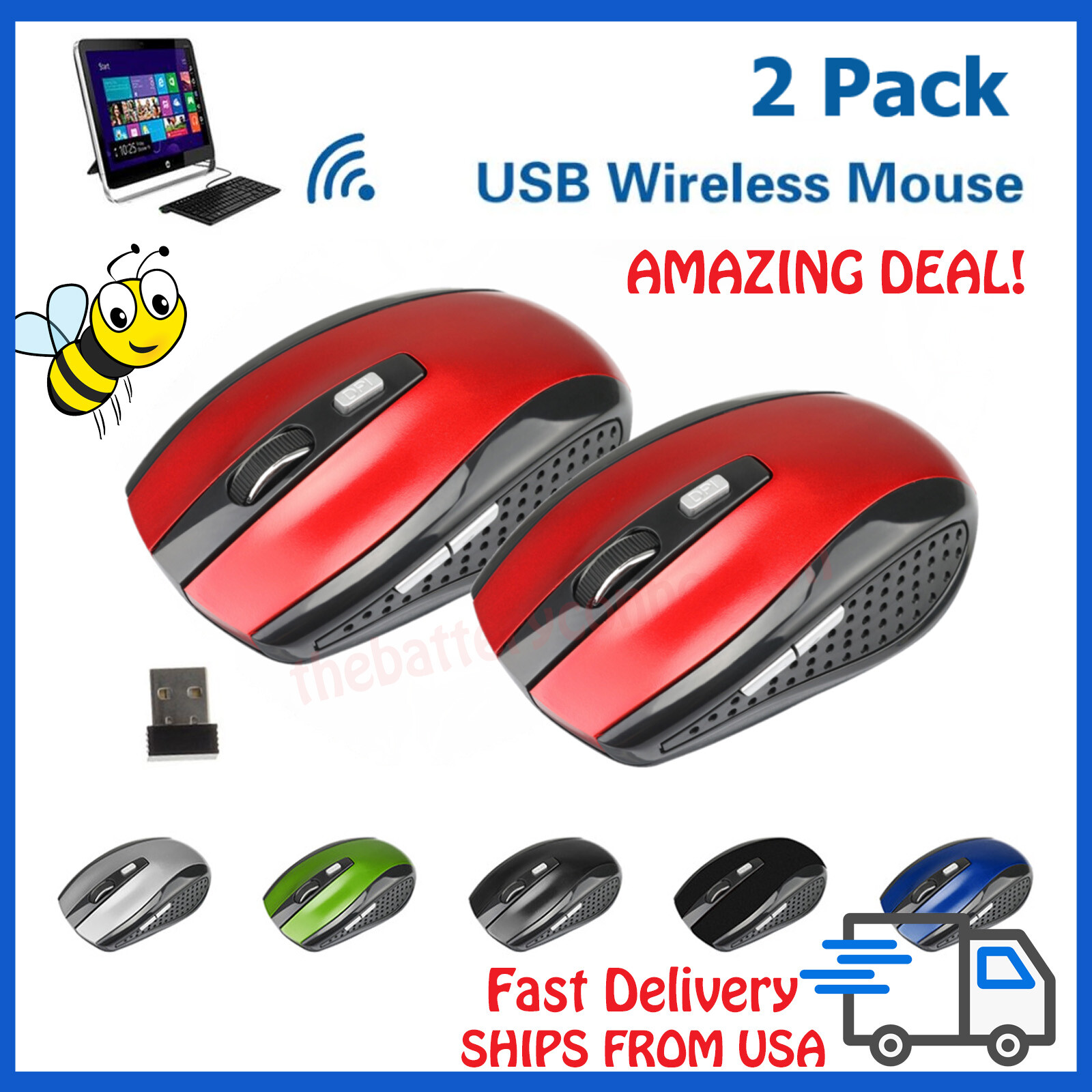 2 Wireless Optical Mouse Mice & USB Receiver For PC Laptop Computer DPI 2.4GHz