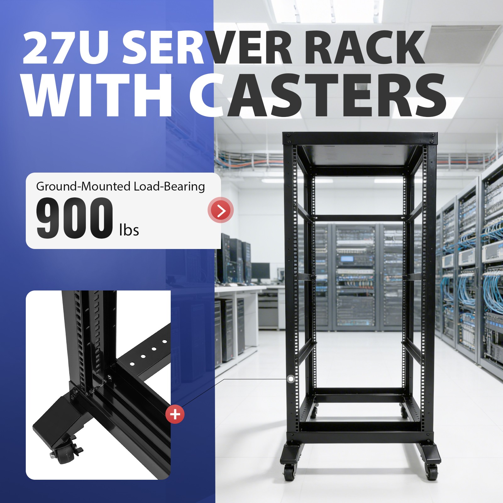 27U 4 Post Open Frame Network Data Server Rack W/ L Rails 22″ Adjustable Depth