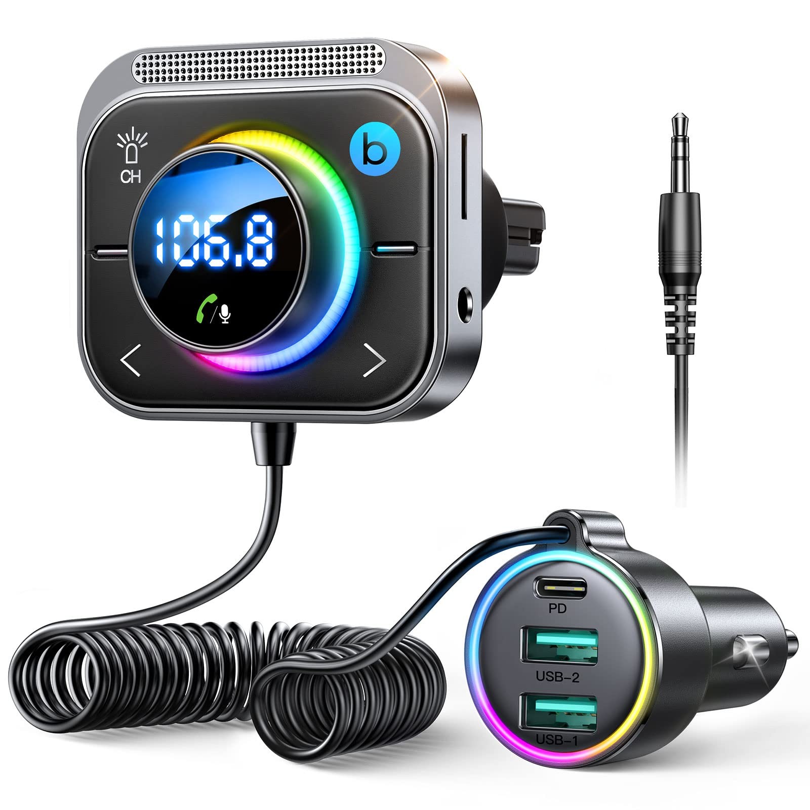 96W FM Transmitter Bluetooth 6.0 Car Adapter Aux with 3 Charging Ports【PD 60W…