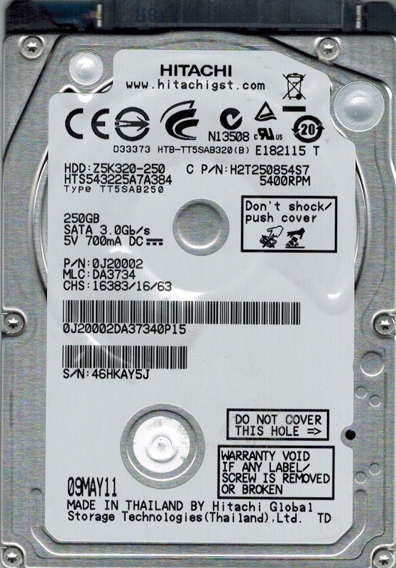 Hitachi HTS543225A7A384 P/N: 0J20002 MLC: DA3734 250GB