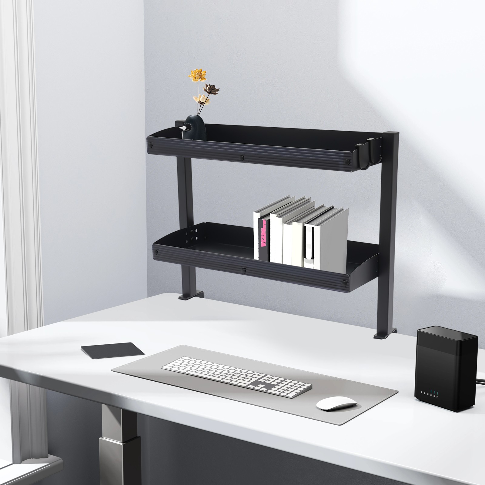 Desktop or Under-Desk Shelf Clamp-on 2-Tier Shelving W/ Adjustable Storage Tray