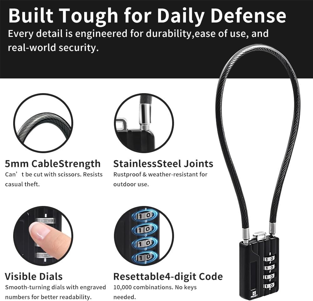 201 4-Digit Cable Padlock, 20 in 50cm 5mm Cable Loop, 1 Pack | 20 in 50cm fle…