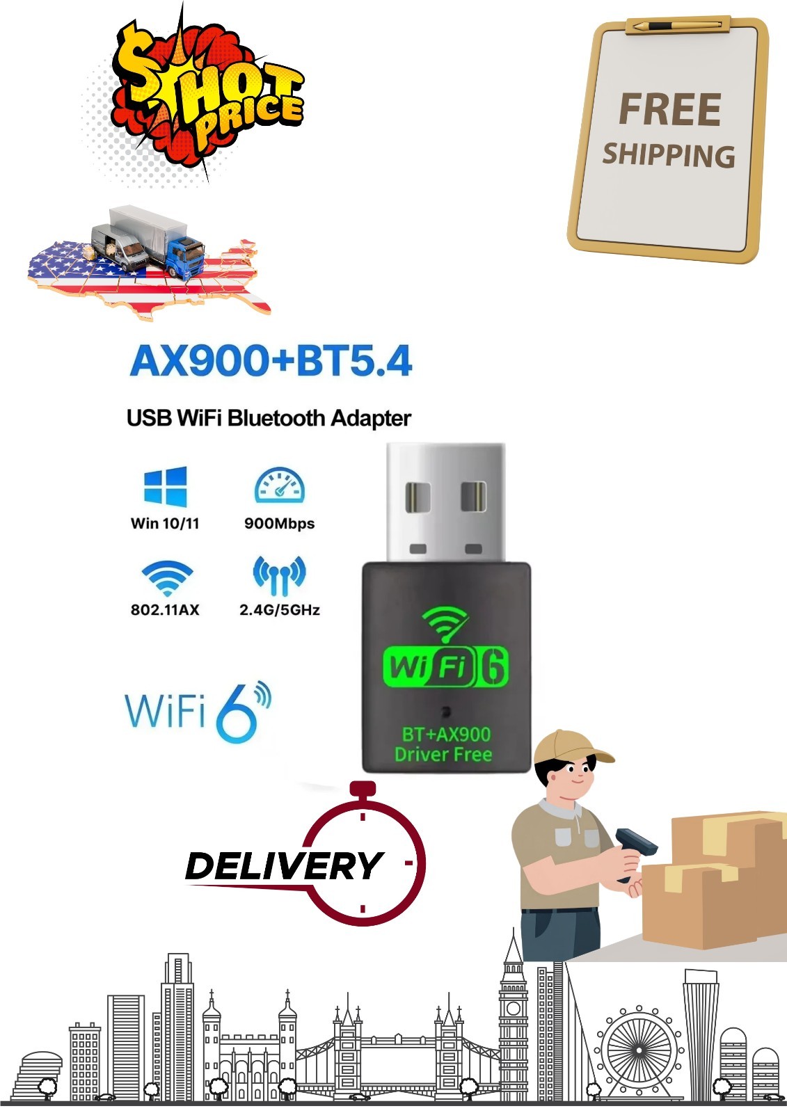 USB WiFi 6 Adapter AX900 Dual Band 2.4/5GHz Bluetooth 5.4 Dongle for PC Laptop