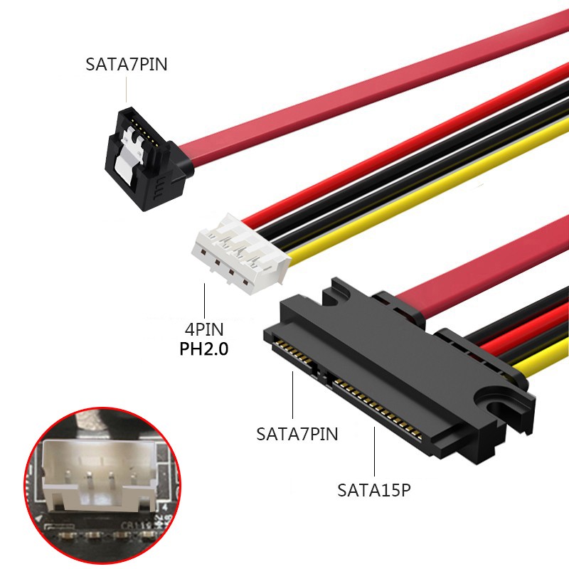 SATA 7+15 Pin Female to SATA 7 Pin Molex IDE PH 2.0 Mini 4Pin Power & Data Cable