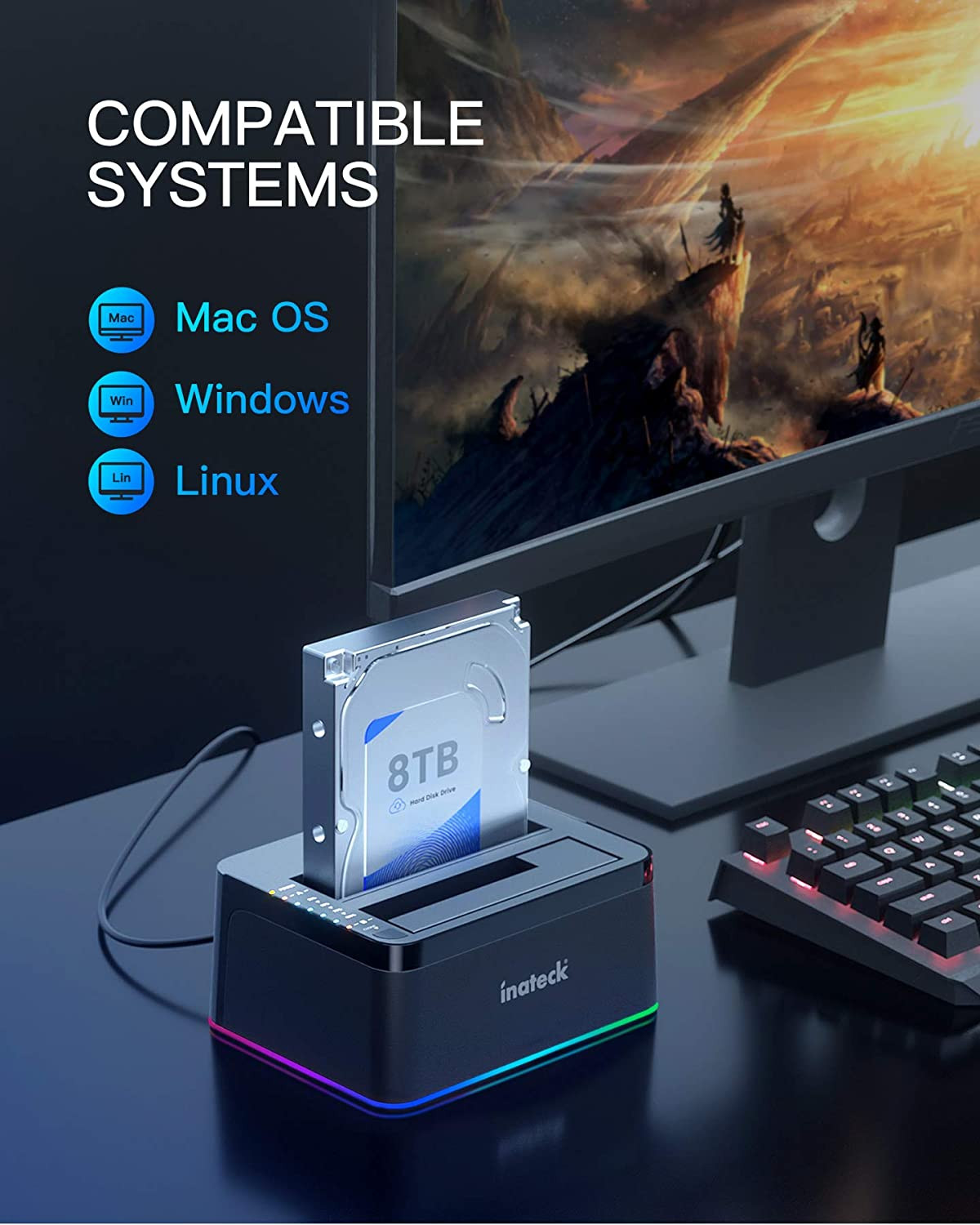 RGB SATA to USB 3.0 Hard Drive Docking Station with Offline Clone, for 2.5 and 3