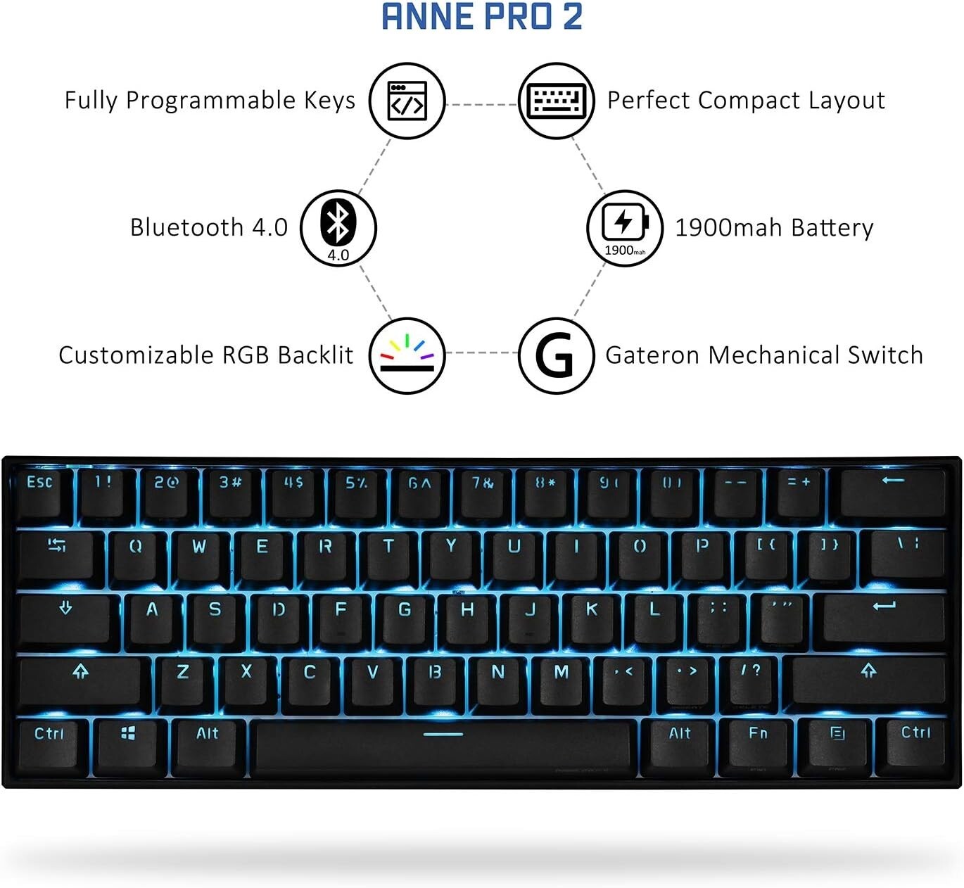 Anne Pro 2 Mechanical Keyboard Arrow Keys on up to 8 Hours Extended Battery Life