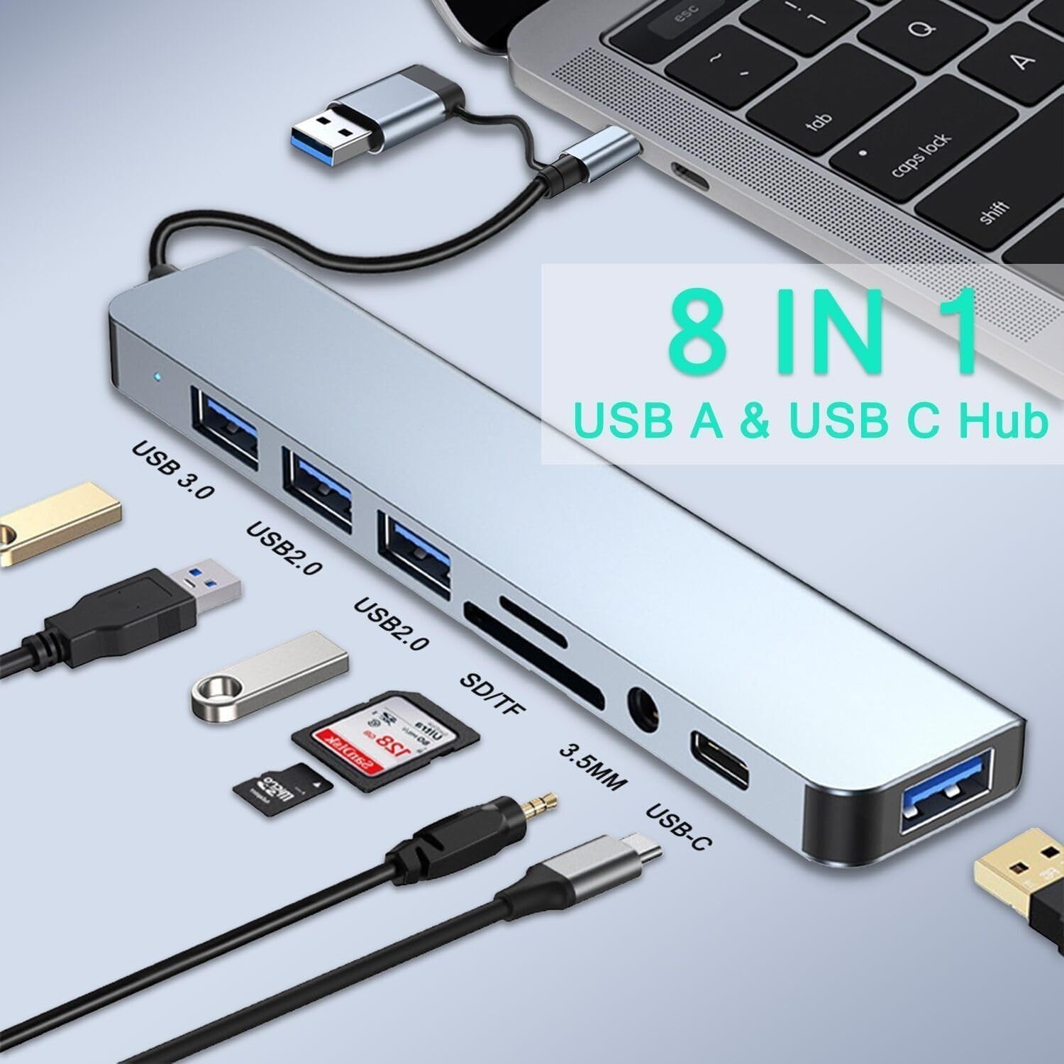 8-in-1 USB C & USB A Hub USB 3.0 Docking Station Adapter for Laptop PC 8-in-1