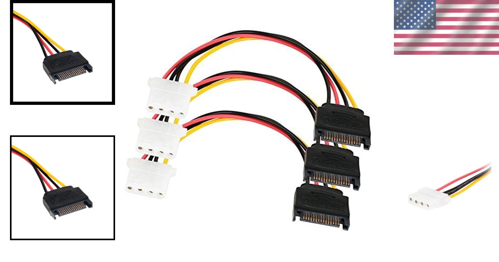 SATA 15 Pin Male to 4-Pin Molex Female Power Cable – 3 Pack of 7-inch Cords