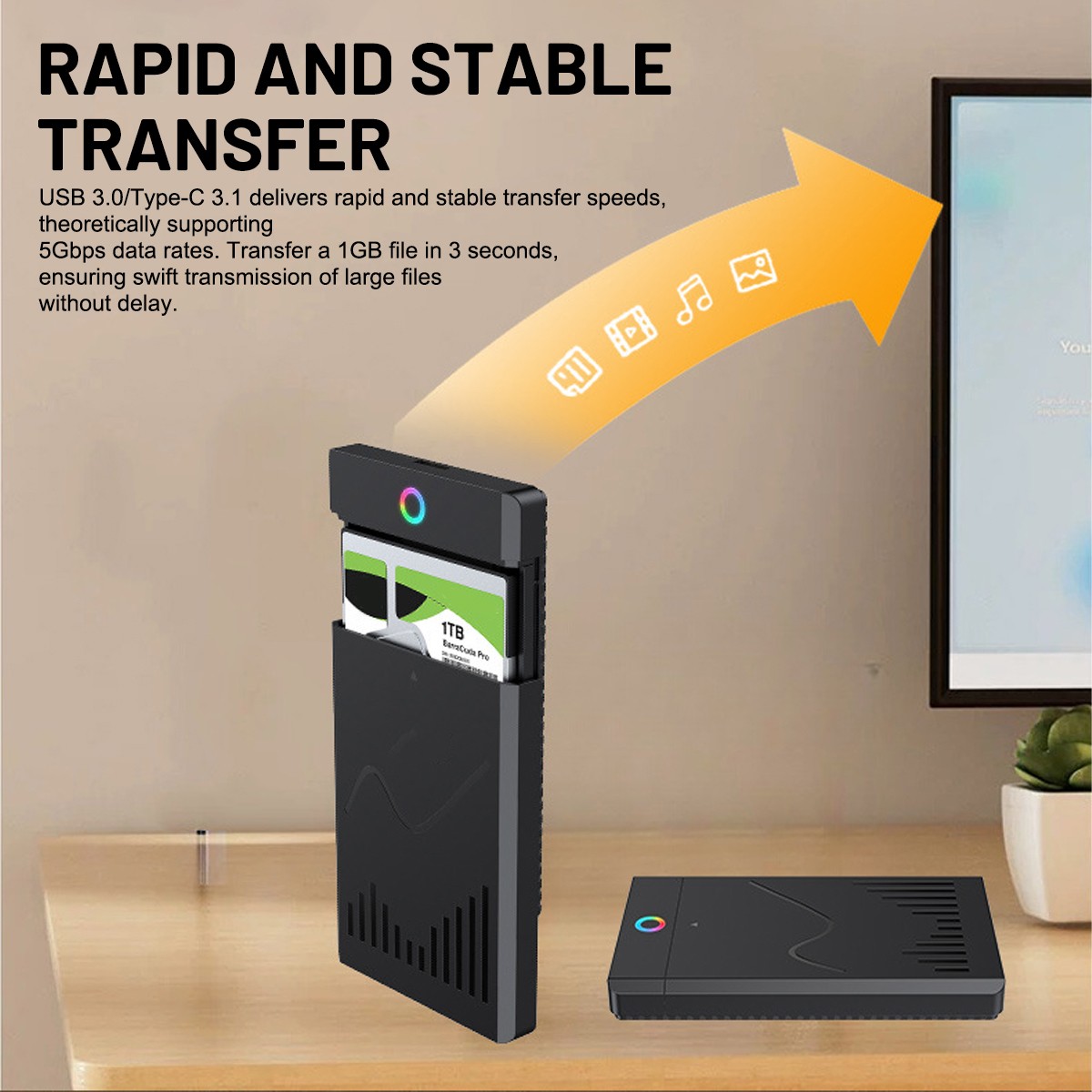 2.5 inch USB 3.1 Type-C SATA 3.0 SSD HDD Enclosure RGB External Hard Drive Case