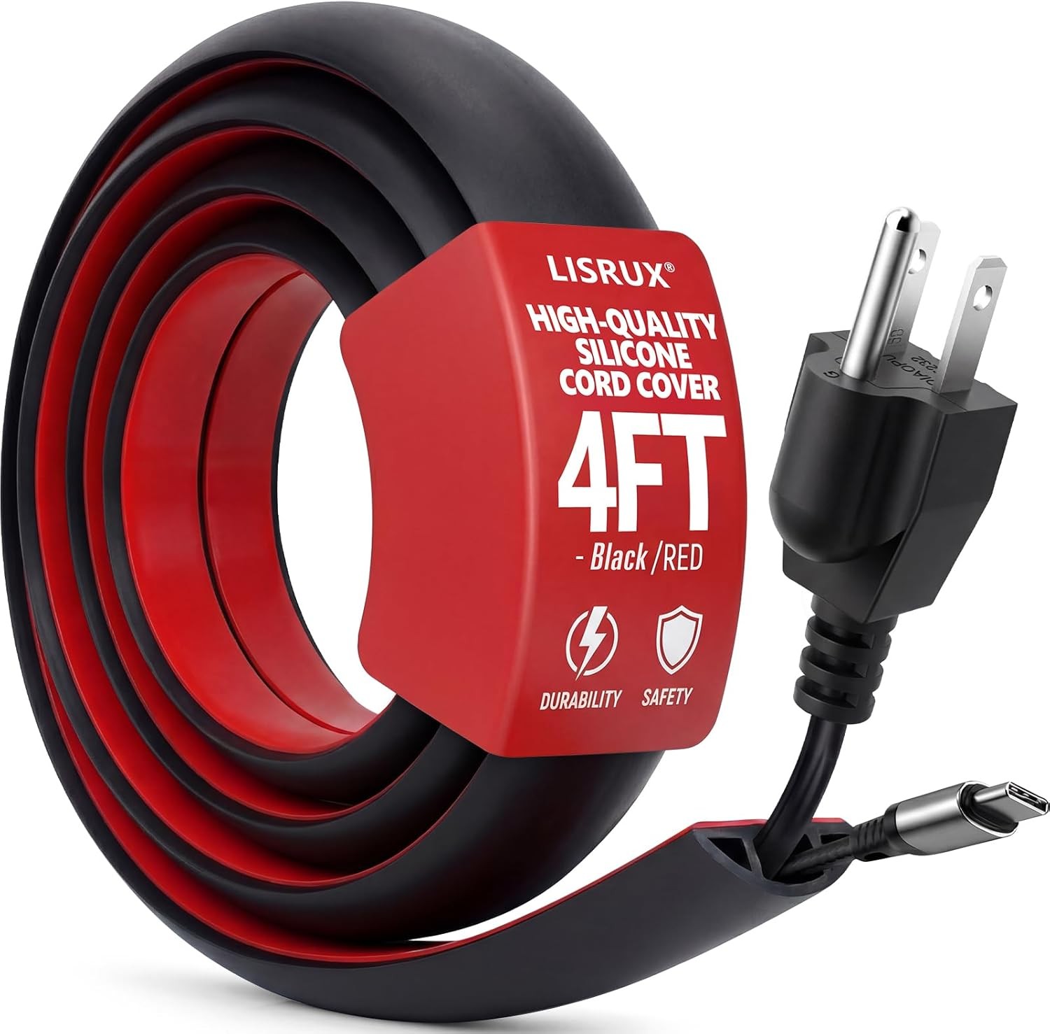 4FT Floor Cord Cover,Black Cable Protector,Self Adhesive Hide Extension Cords,Pr
