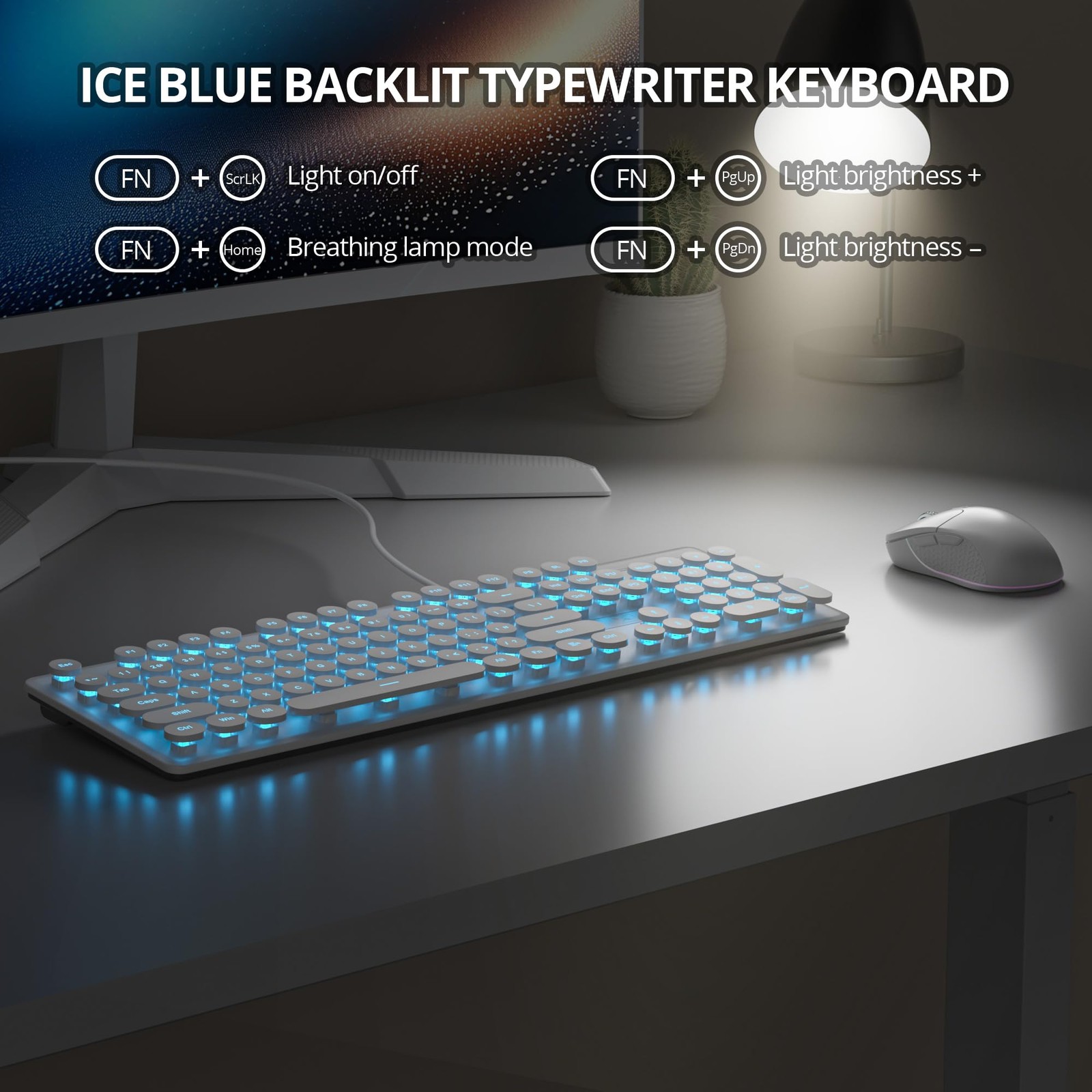 White Wired Retro Typewriter Keyboard 104 Round Keys Blue LED Backlit PC Mac