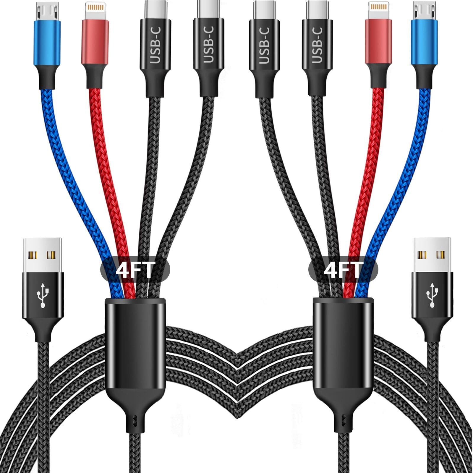 Multi Charging Cable(2Pack 4FT), 4 4ft / 1.2 meters, 2Pack 4FT Black+red+blue