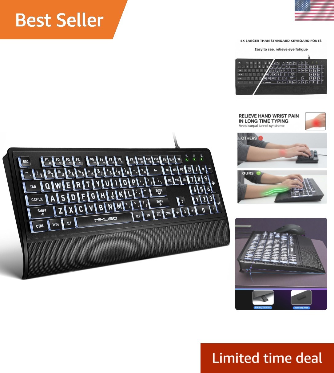 White LED Backlit Large Print Keyboard – Ergonomic, Waterproof, USB for Easy Use