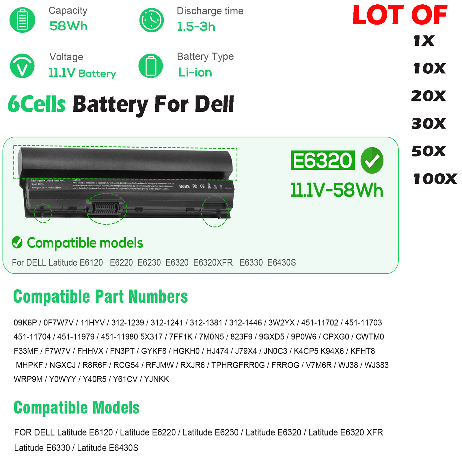 🧡LOT E6320 Battery For Dell Latitude E6220 E6230 E6330 E6430S RFJMW FRR0G 58WH
