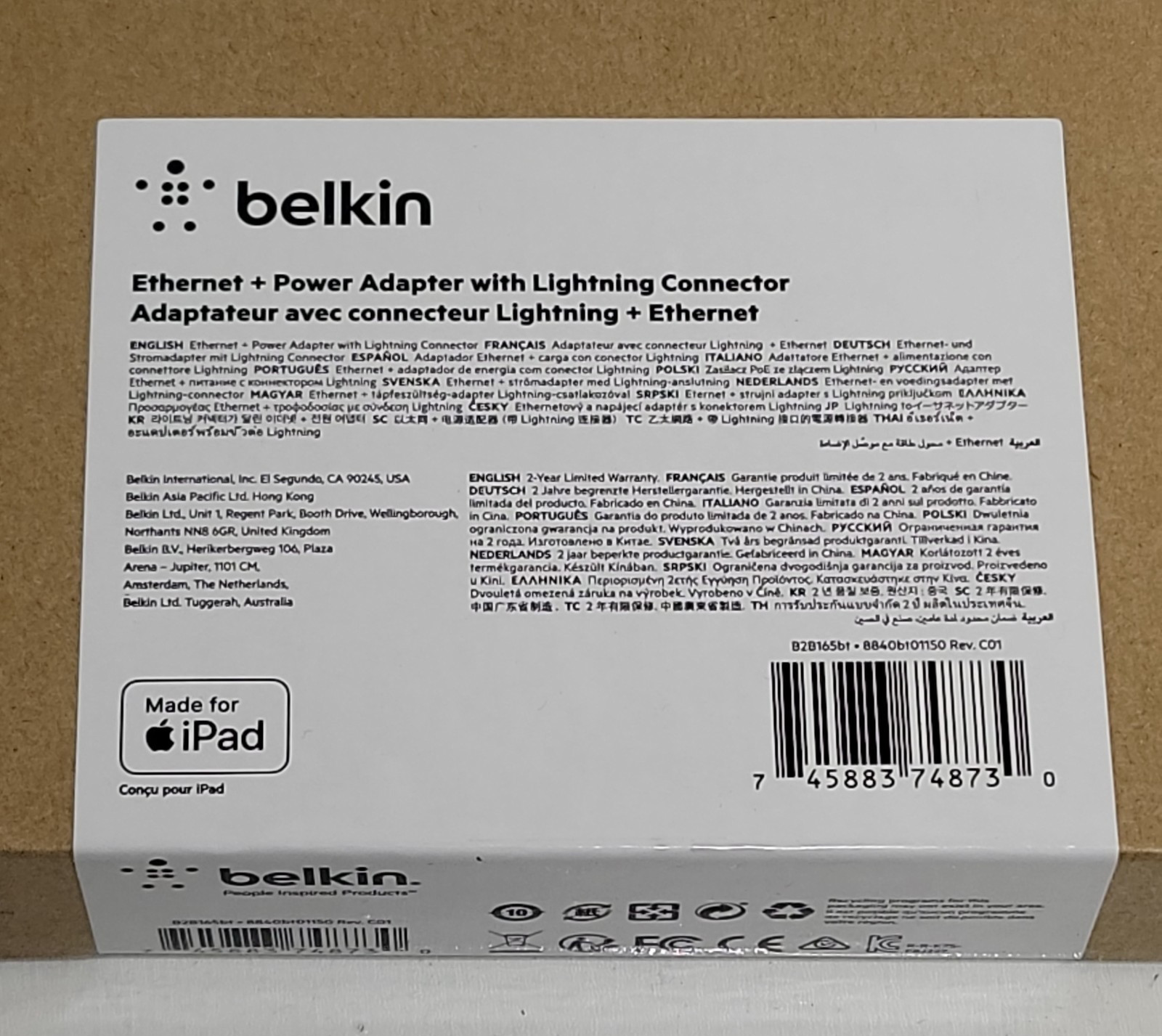 SEALED New Belkin B2B165BT Ethernet Power Adapter Lightning Connector Apple iPad