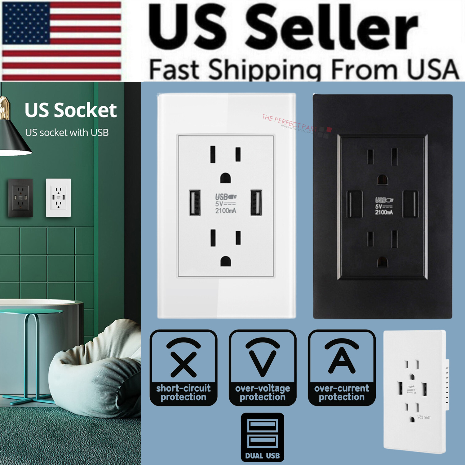 Dual Wall Outlet with USB Ports Charger AC Power Receptacle Plate Panel 15A 120V