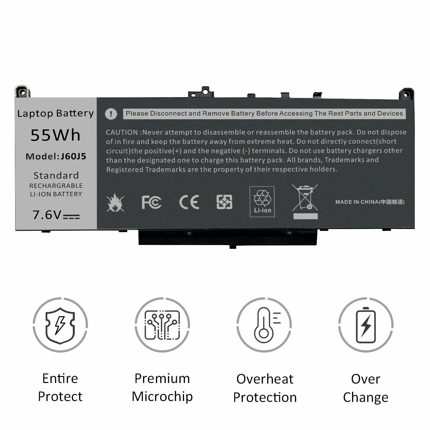 55Wh Laptop Battery For Dell Latitude E7270 E7470 Series R1V85 MC34Y 7.6V J60J5