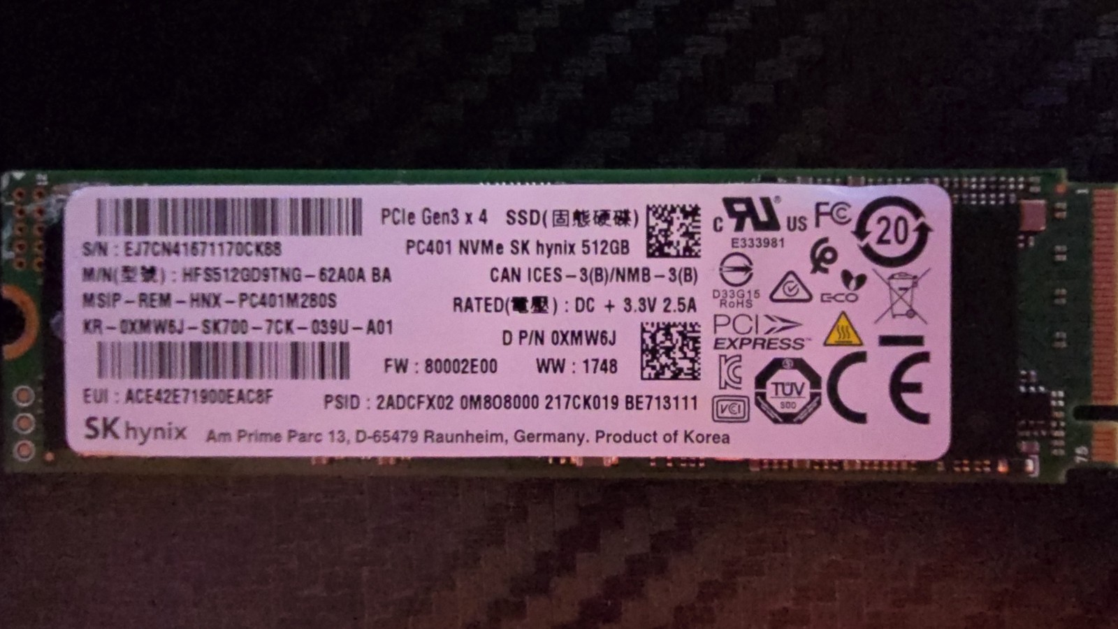 SK HYNIX PC401 512GB M.2 NVME PCIe Gen3 SSD HFS512GD9TNG-62A0A Used