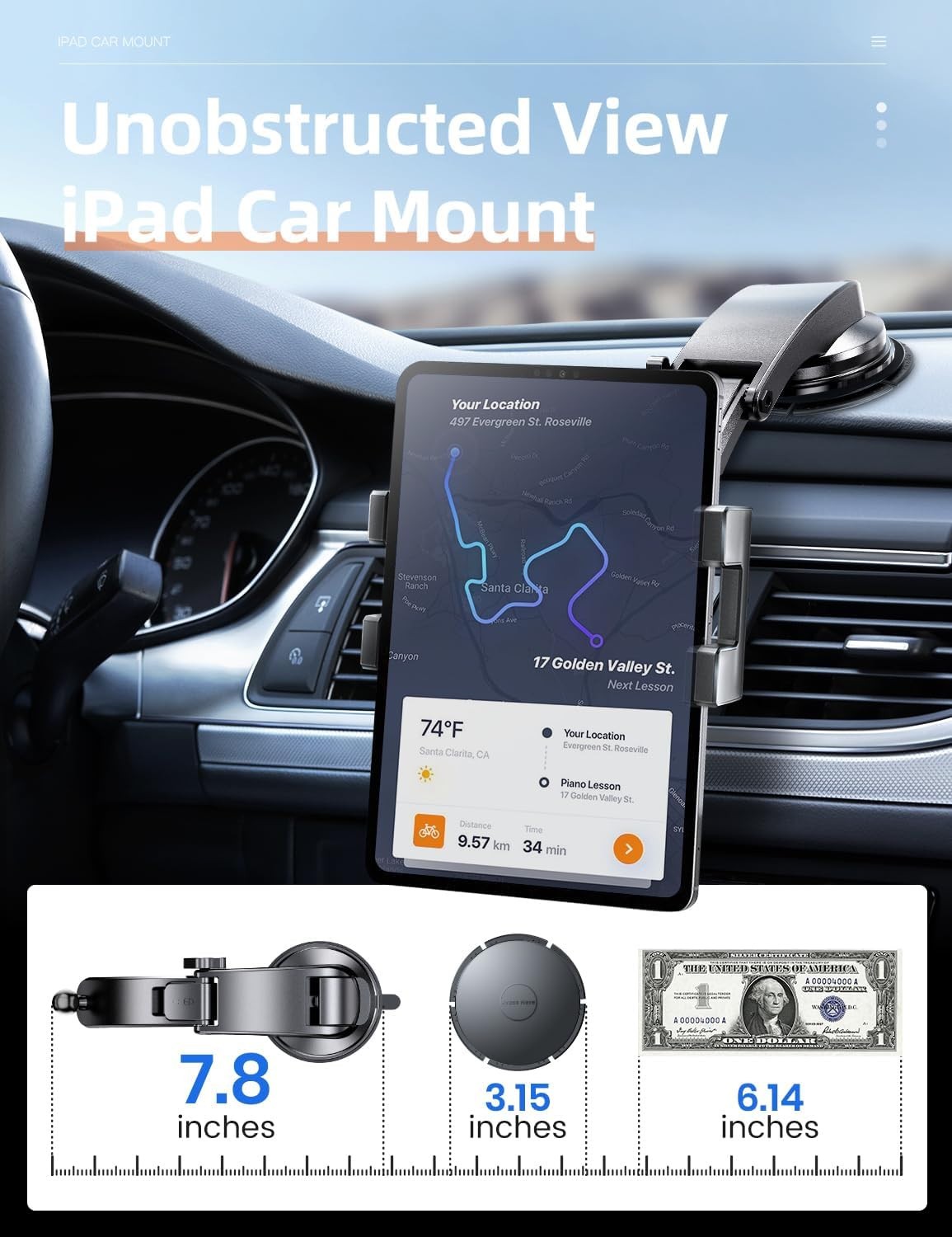 Ipad Holder, Dashboard Tablet Holder for Car Suction Cup Tablet Car Mount Black
