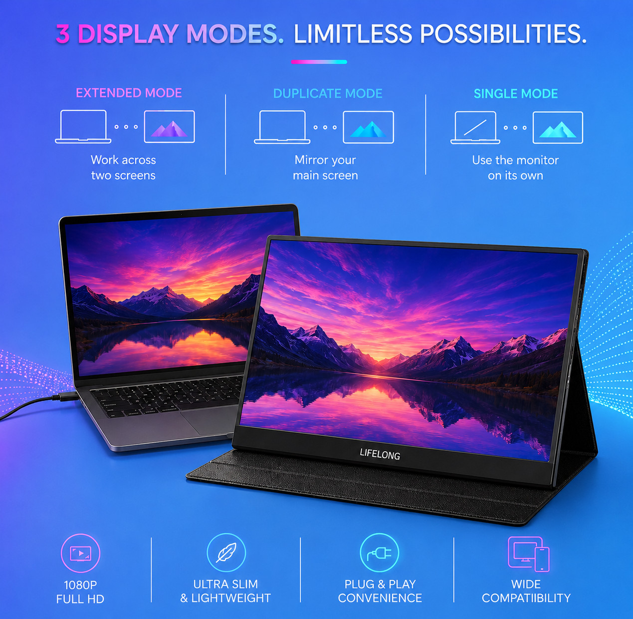 Lifelong 15.6″ 1080P Portable Monitor G70-T – IPS, Built-In Speakers, 60Hz, HDMI