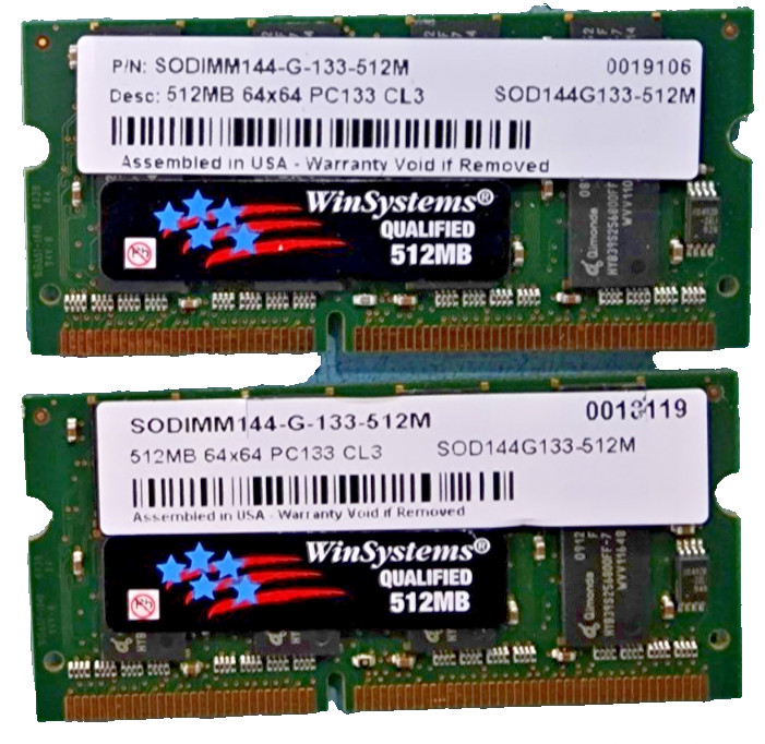 1GB 2x 512MB Kit PC133 SODIMM Laptop RAM WinSystems Qimonda 144-Pin 133MHz Good