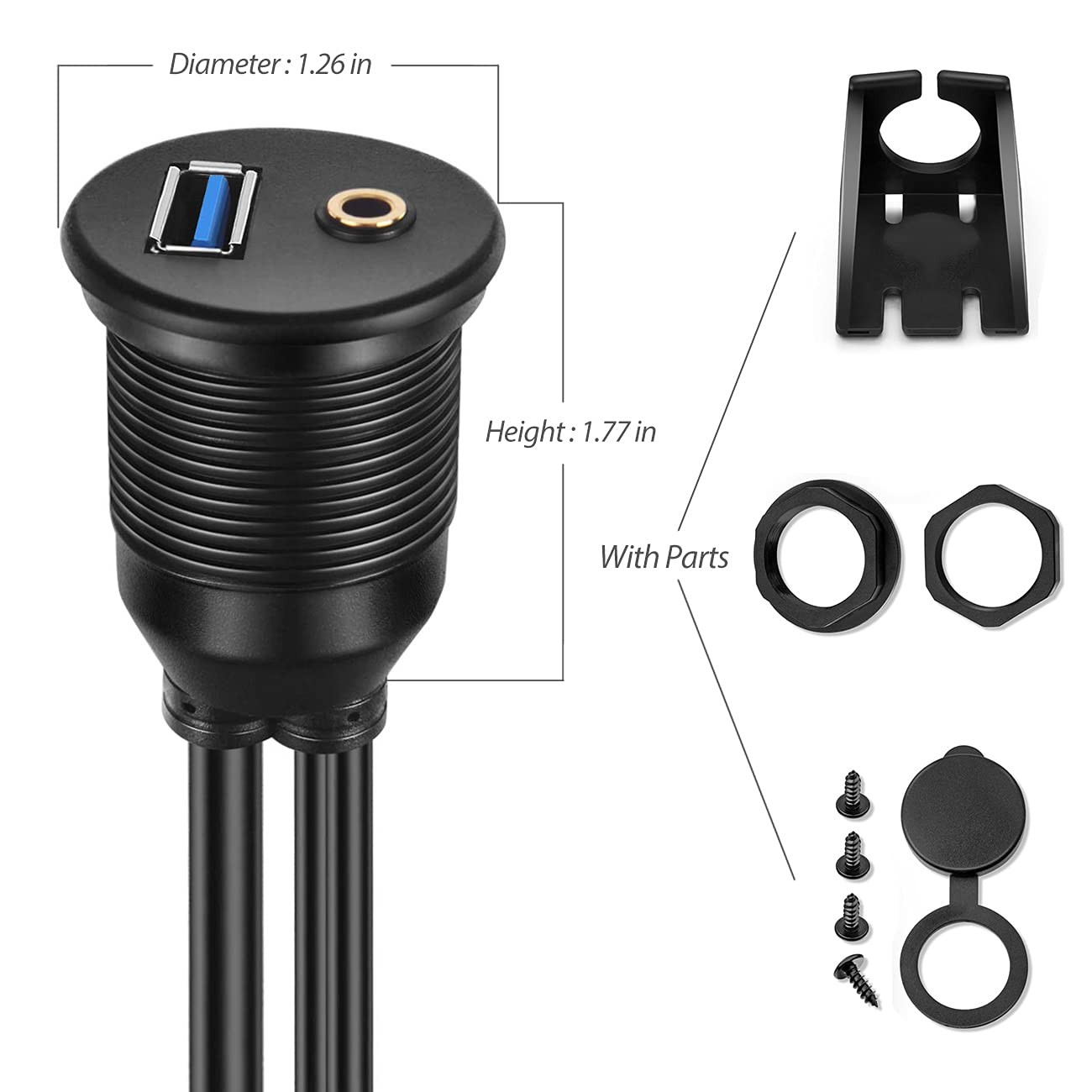 URWOOW 1M 3ft 3.5mm & USB 3.0 AUX Extension Mount Flush Cable, 3 feet, Black