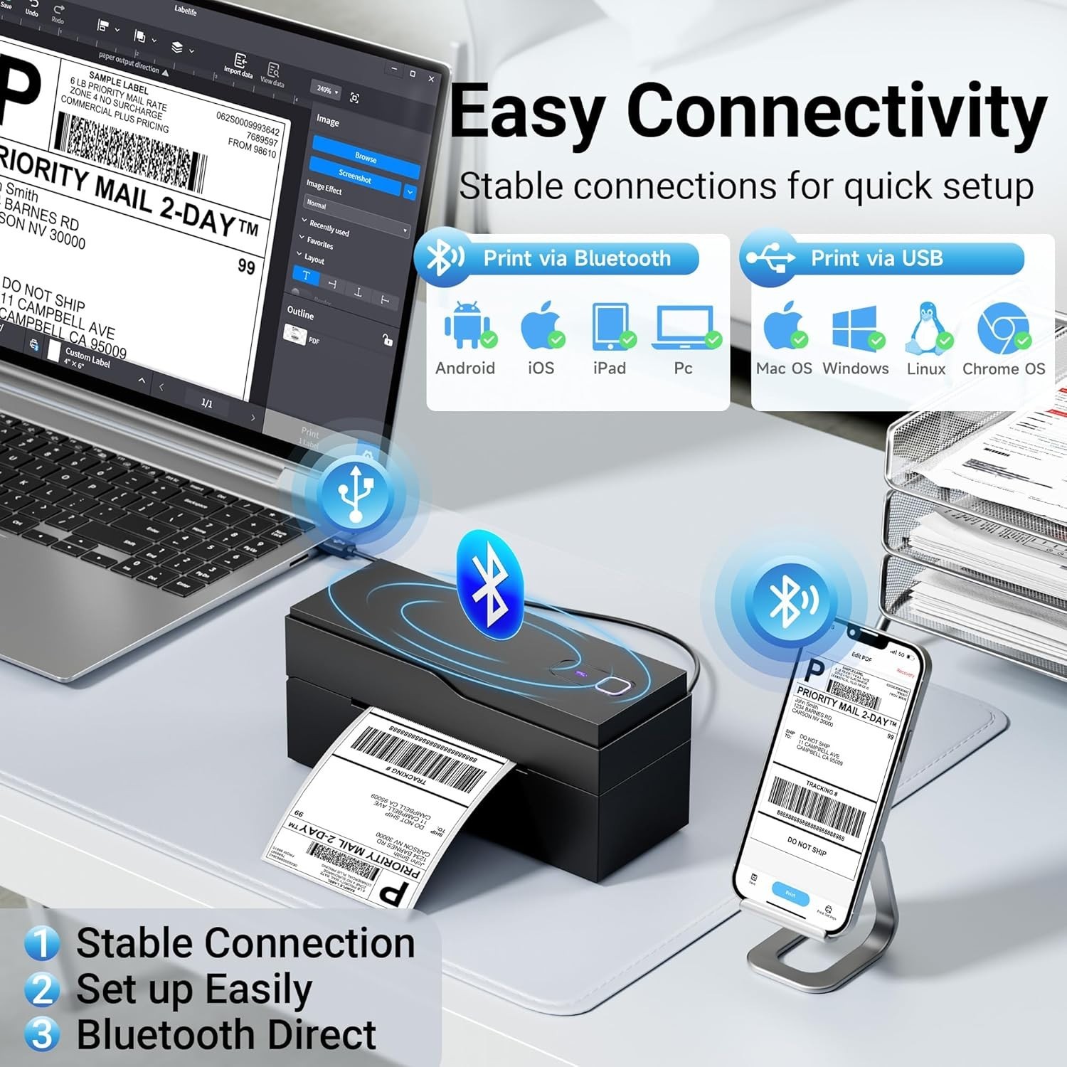 Shipping Label Printer Bluetooth+USB 4×6 Thermal Label Printer +30 Free Labels