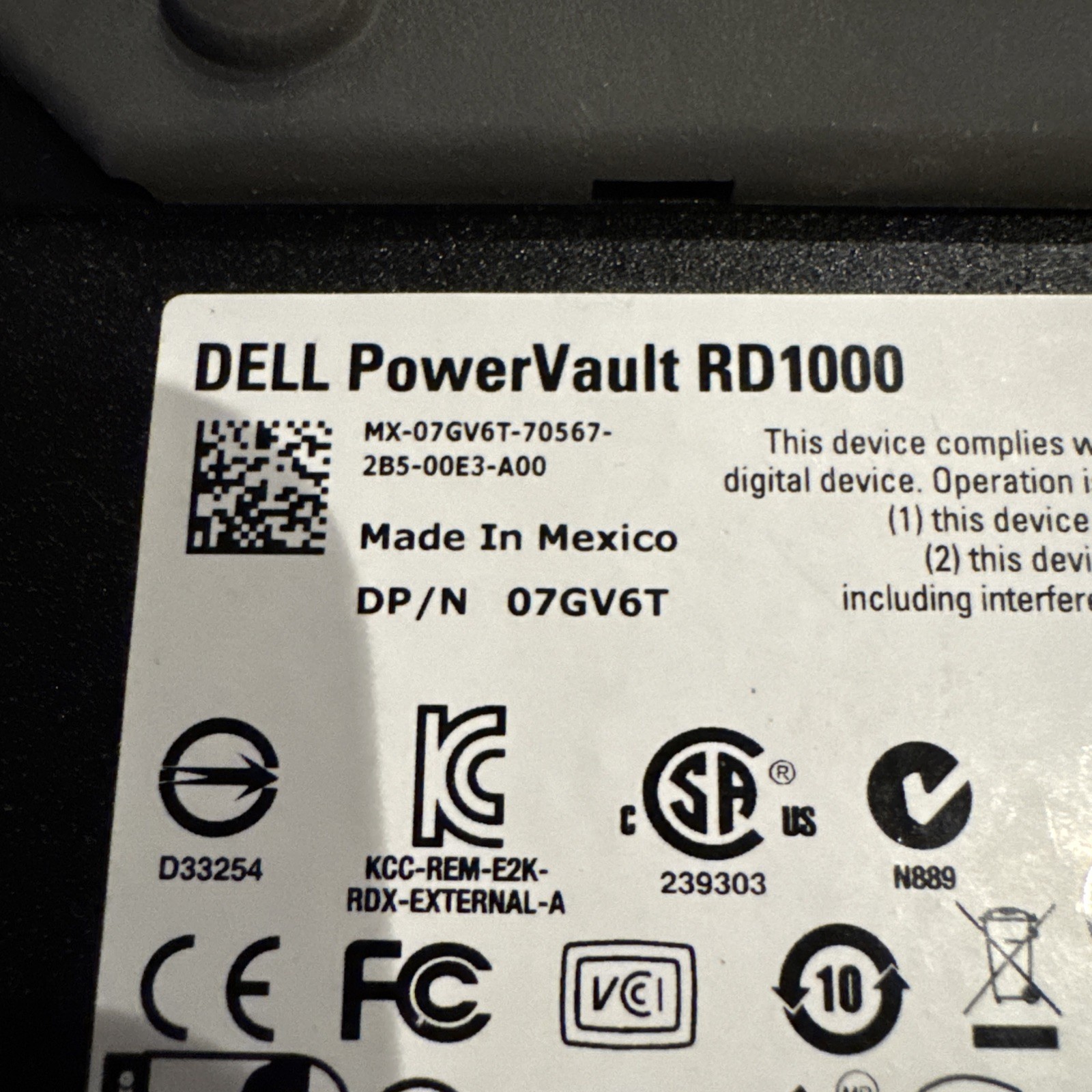 Dell PowerVault RD1000 Removable Disk Storage AC Adapter USB Cable