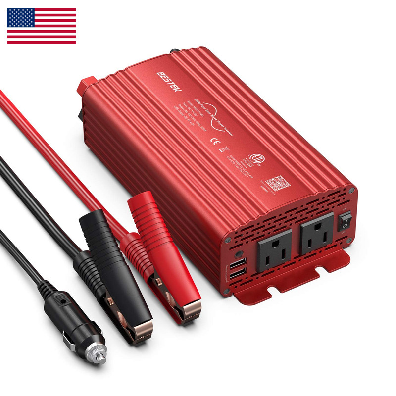 Bestek 500W Pure Sine Wave Power Inverter Dc 12V To Ac2 Outlets 110V Car