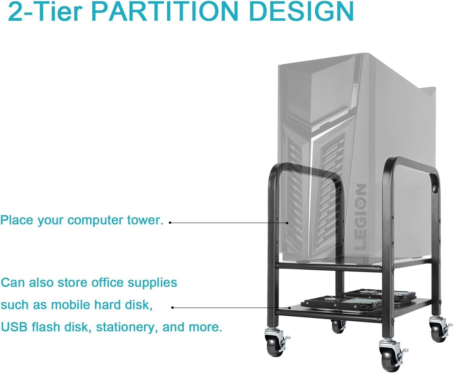 360Tronix PC Tower Stand, Black Square Tubes with Metal Casters for Home Office
