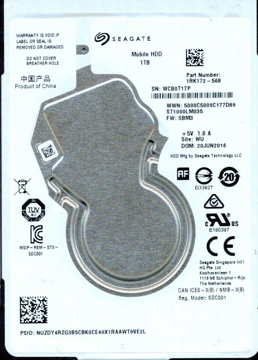 ST1000LM035, 1RK172-568, SBM3, WU, WCB0, SEAGATE SATA 1TB JUN 2016