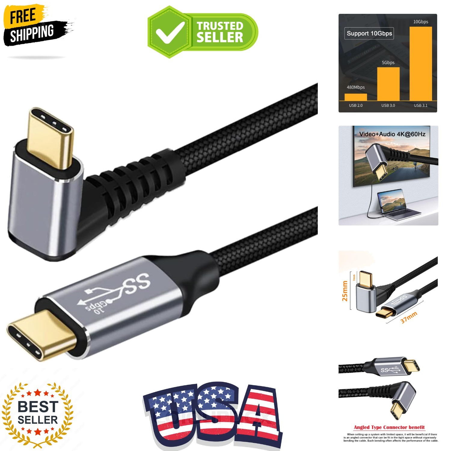 90 Degree Up Down Angled Type-C USB-C Male to Male .1 10Gbps 100W Data Cable …