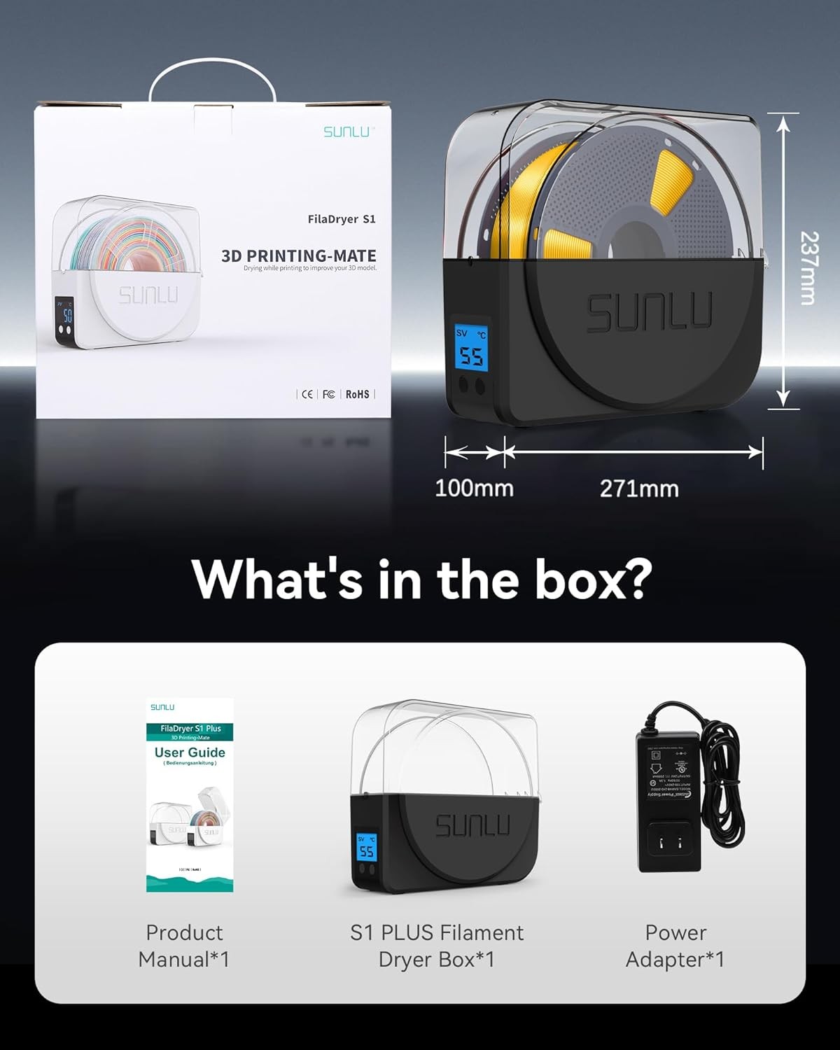 SUNLU Black S1 Plus Dryer 3D Printer Filament Dryer Box With Fan,Filament Holder