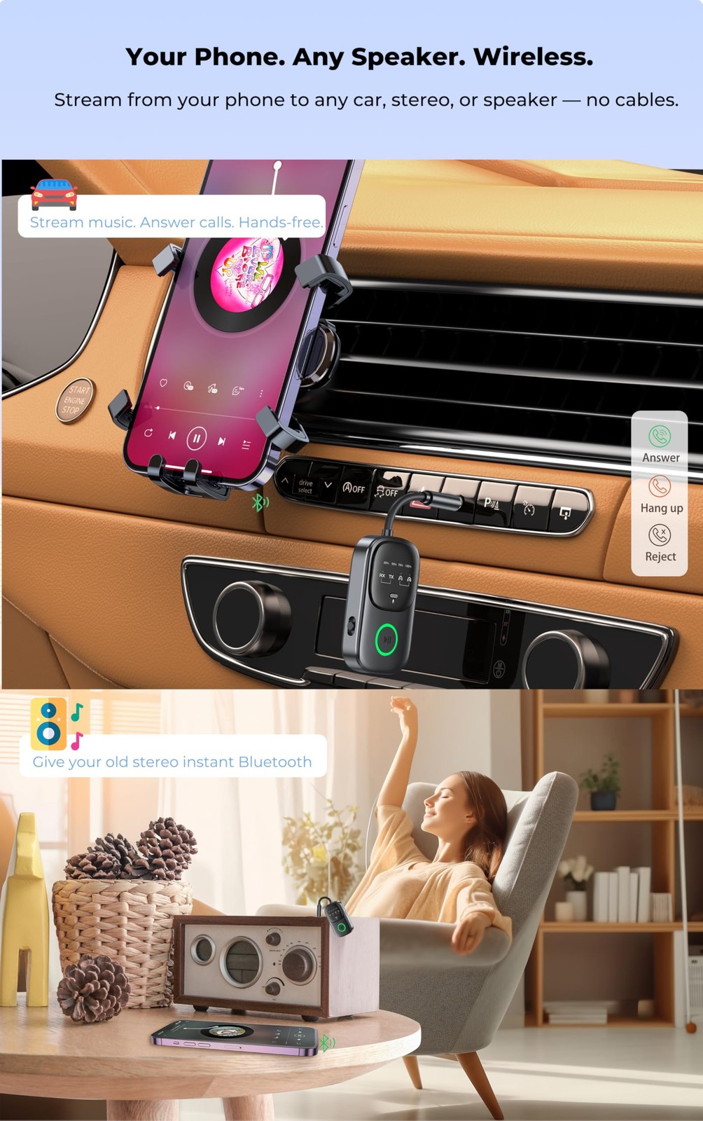Bluetooth Transmitter Receiver, 2-in-1 Audio Adapter for Airplane, TV, Car