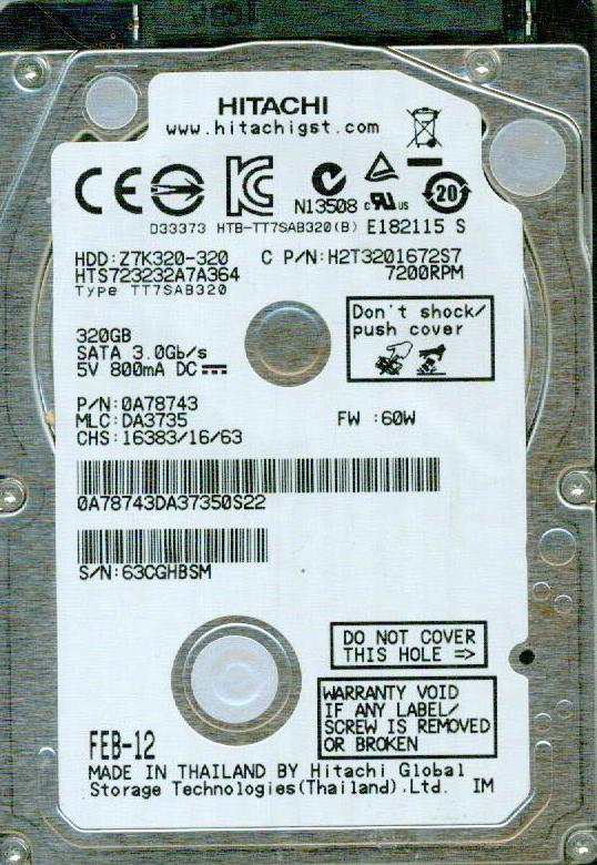 HTS723232A7A364 P/N:0A78743 MLC: DA3735 HITACHI SATA 320GB