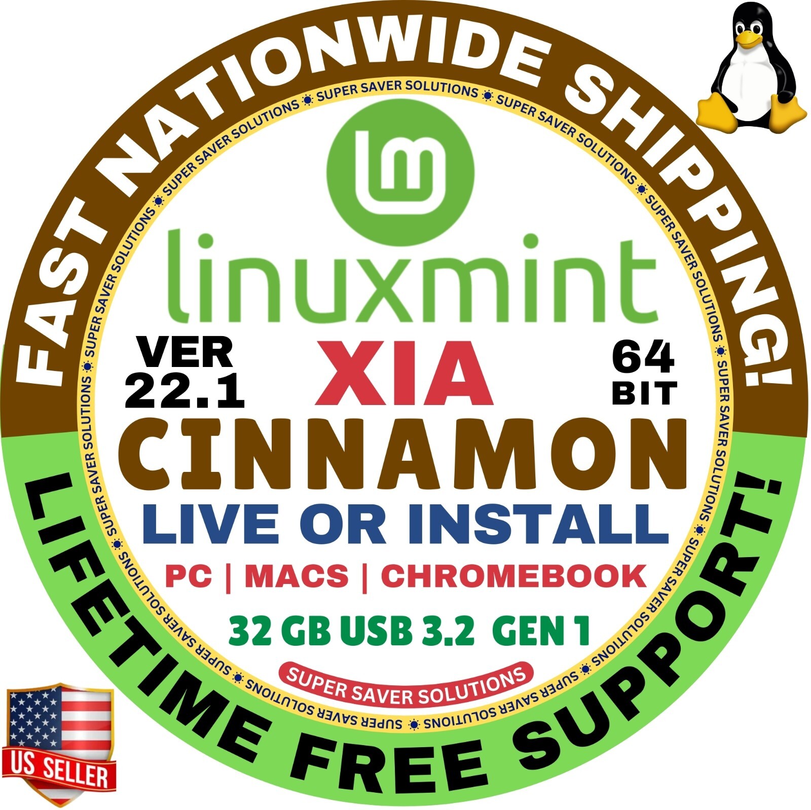 Linux OS MINT 22.1 XIA Cinnamon 64-Bit Live Boot USB, Full Install for MAC, PC