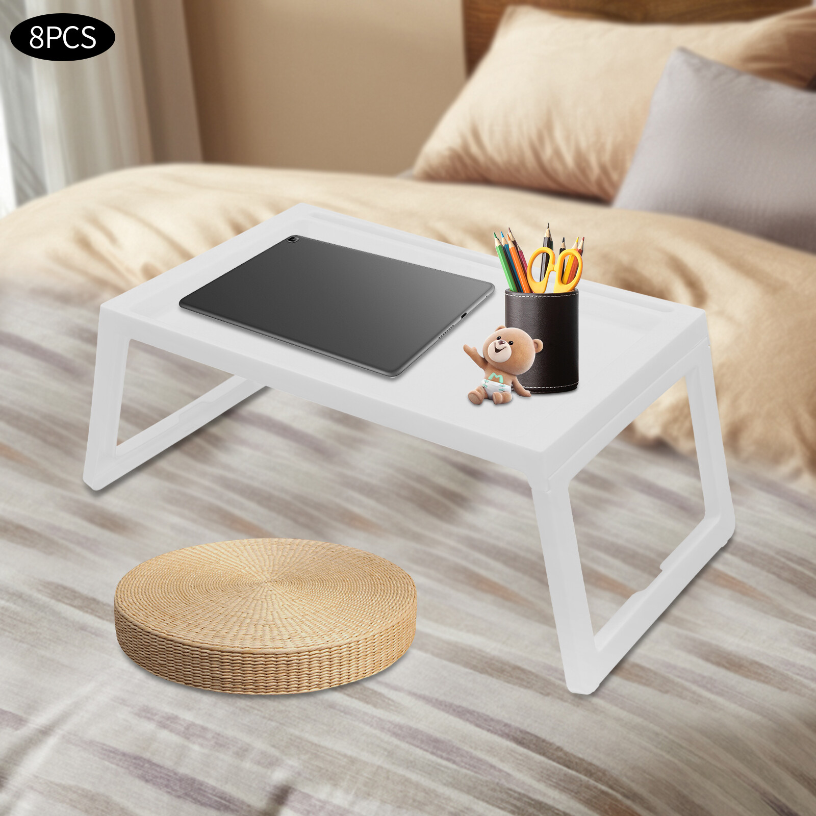 8 Pack Folding Lap Desk With Tablet & Phone Slots, White PP