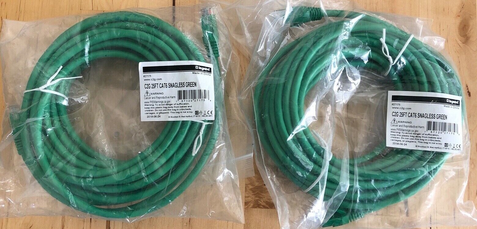 Lot of 2 C2G 27175 25FT CAT6 SNAGLESS UNSHIELDED (UTP) NETWORK PATCH CABLE GREEN